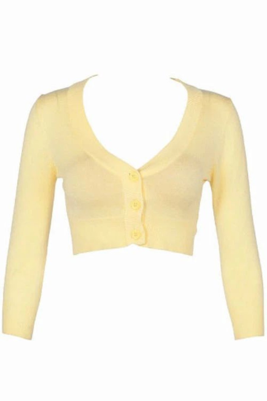 Cardigans | * Mak Sweaters Cropped Cardigan With 3/4 Sleeves In Baby Yellow