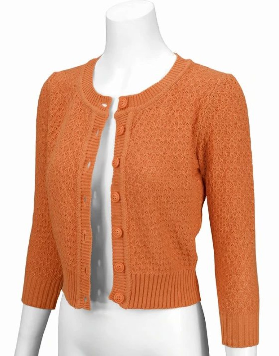 Cardigans | * Mak Sweaters Chunky Vintage Knit Cardigan With 3/4 Sleeves In Dusty Orange