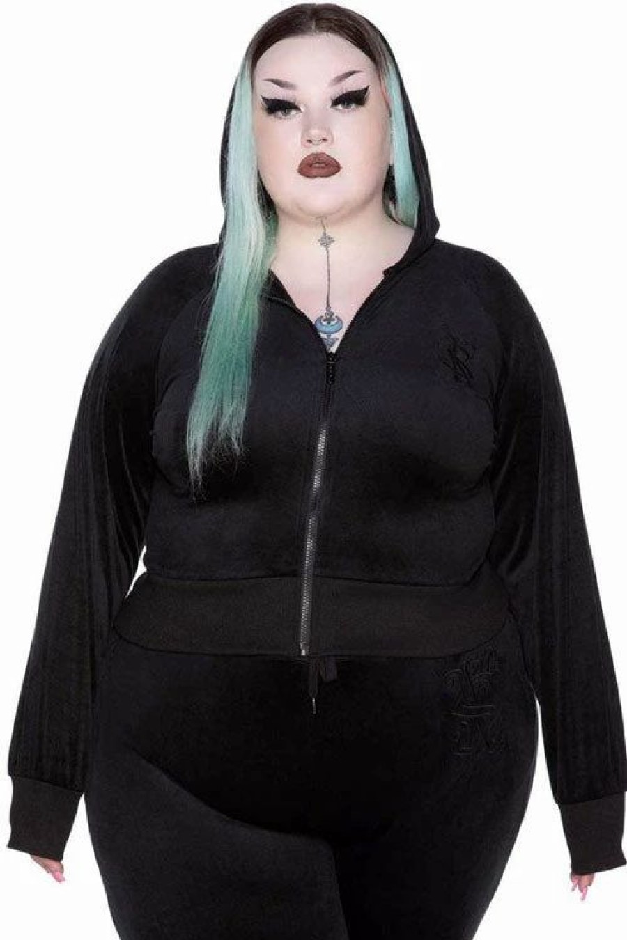 Dark Alternative | * Killstar Just Crew-Sin Velvet Zip Front Long Sleeved Hoodie In Black