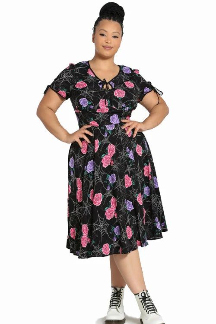 Dark Alternative | * Hell Bunny Eloise Mid Dress Floral Print With Webs