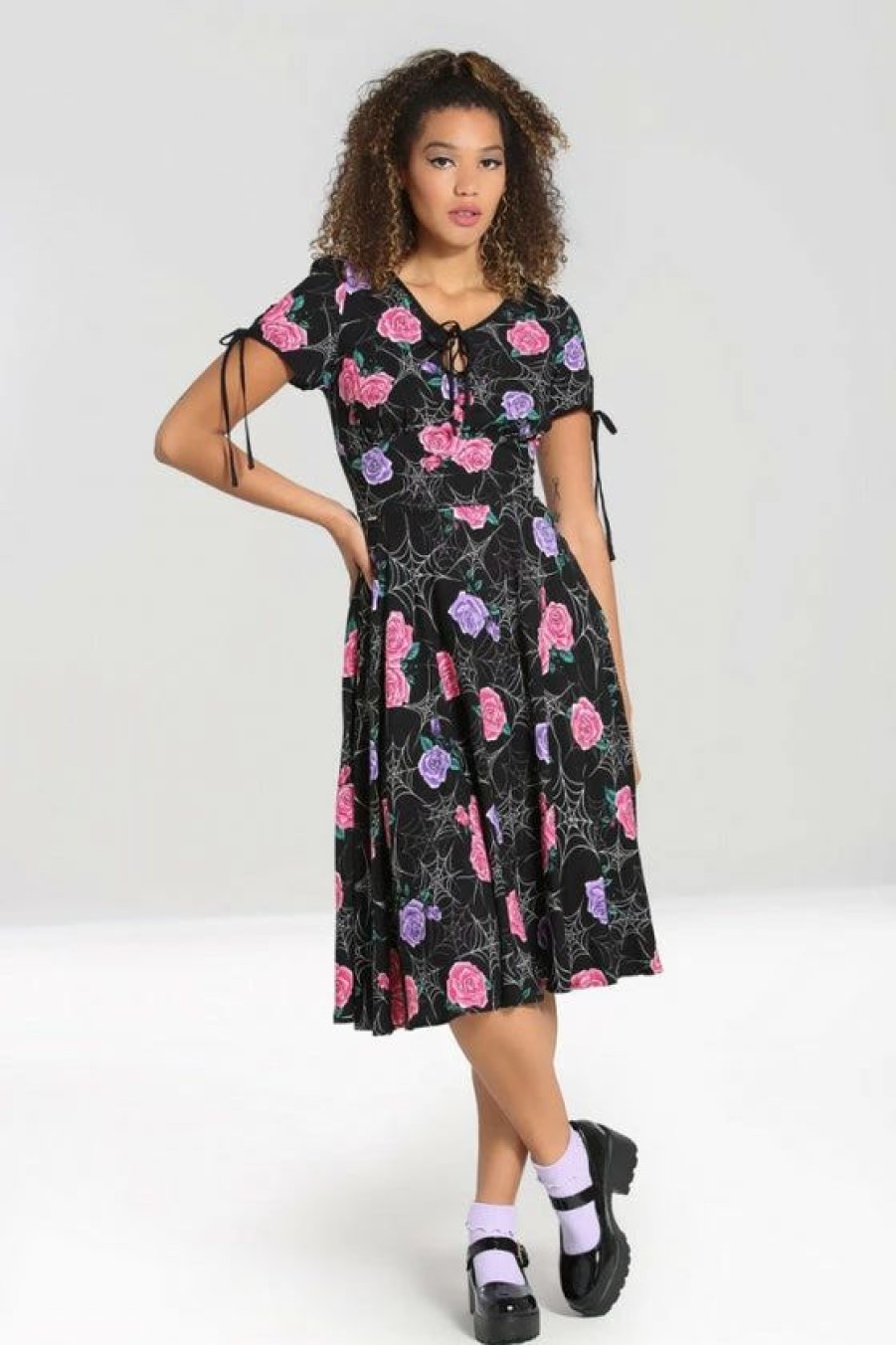 Dark Alternative | * Hell Bunny Eloise Mid Dress Floral Print With Webs