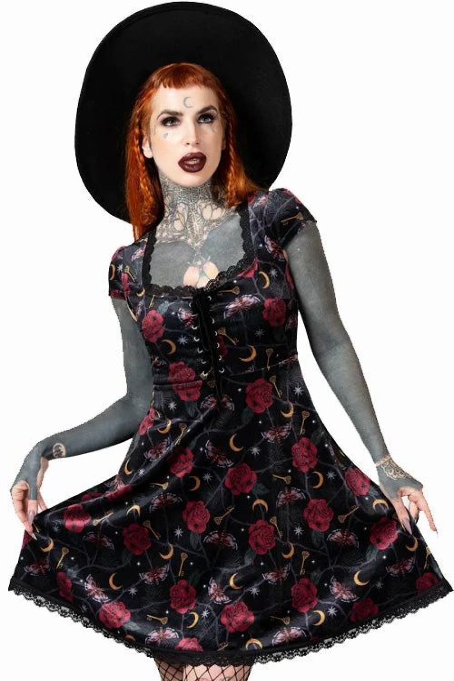 Dark Alternative | * Killstar Morgaine Dress In Print Velvet With Lace-Up Bust Detail