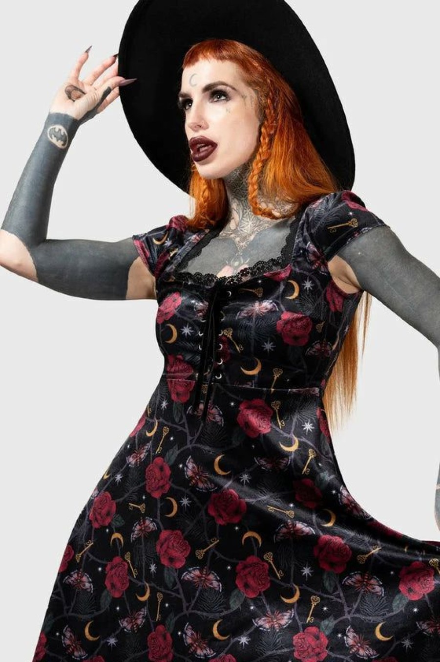 Dark Alternative | * Killstar Morgaine Dress In Print Velvet With Lace-Up Bust Detail