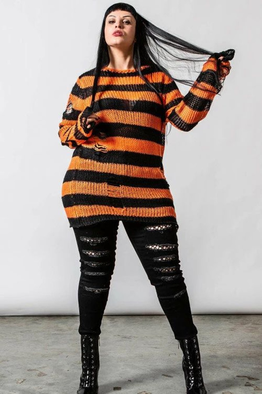 Dark Alternative | * Killstar Pumpkin Punk Knit Sweater Black And Orange