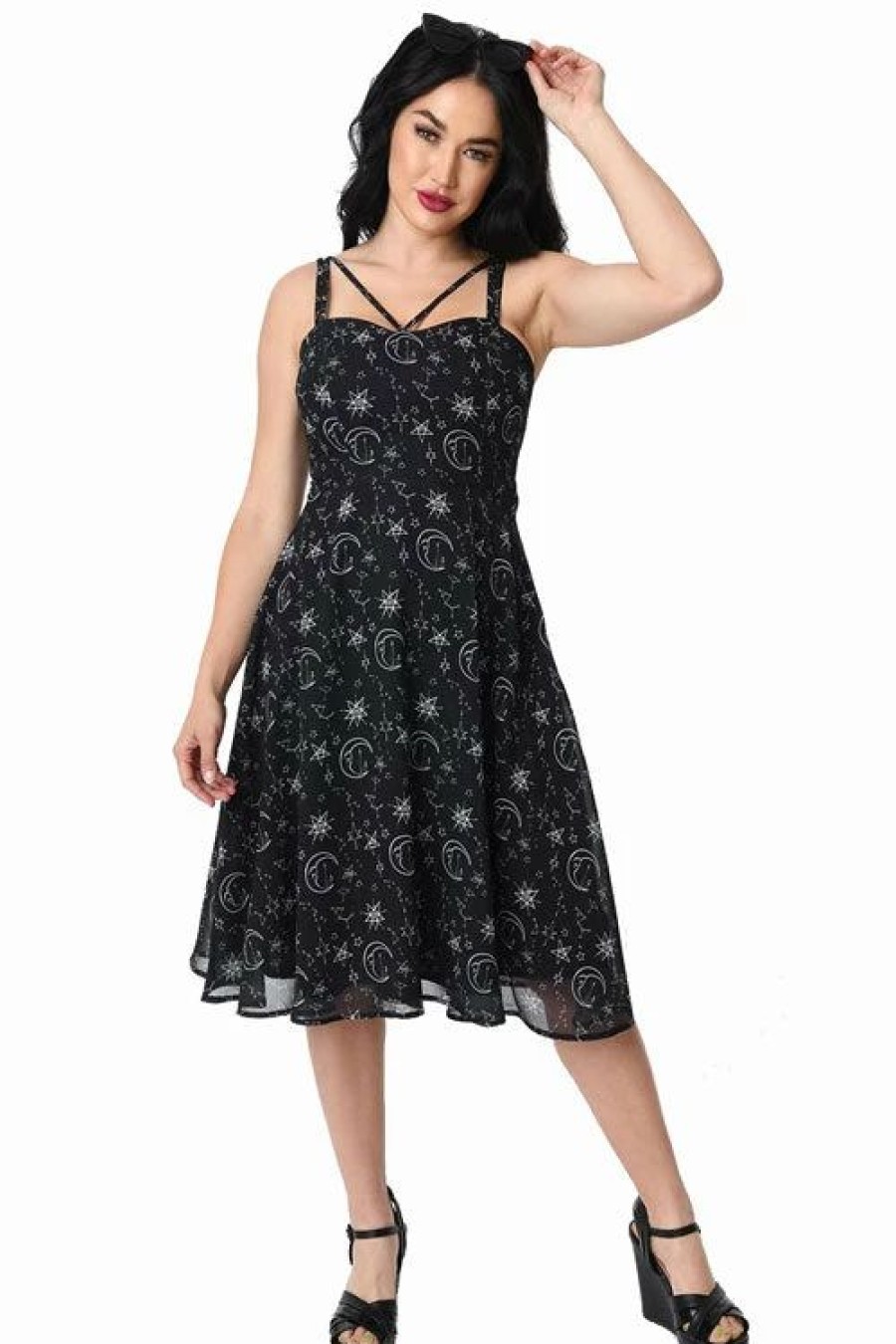 Dark Alternative | * Timeless London Moon & Stars Print Crossover Neck Chiffon Dress