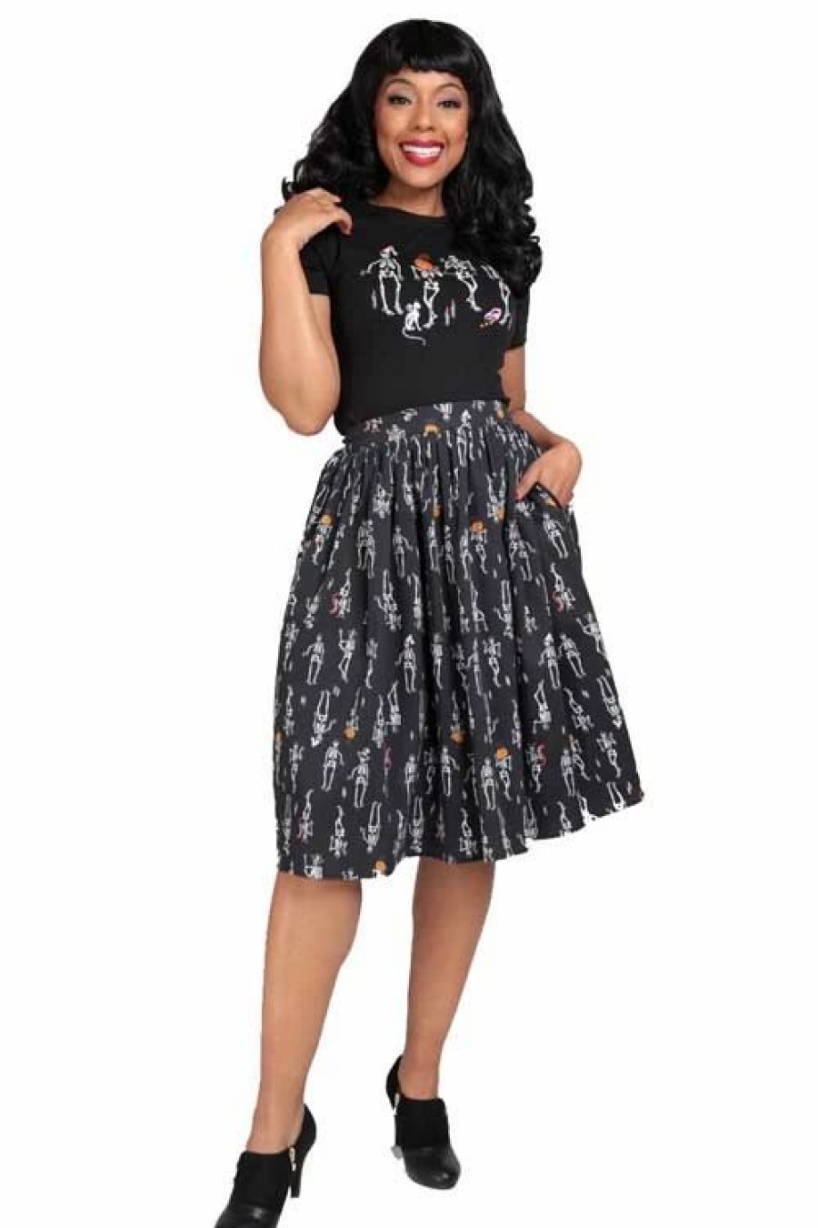 Dark Alternative | * Collectif Jasmine Swing Skirt In Skeleton Boo-Gie Halloween Party Time