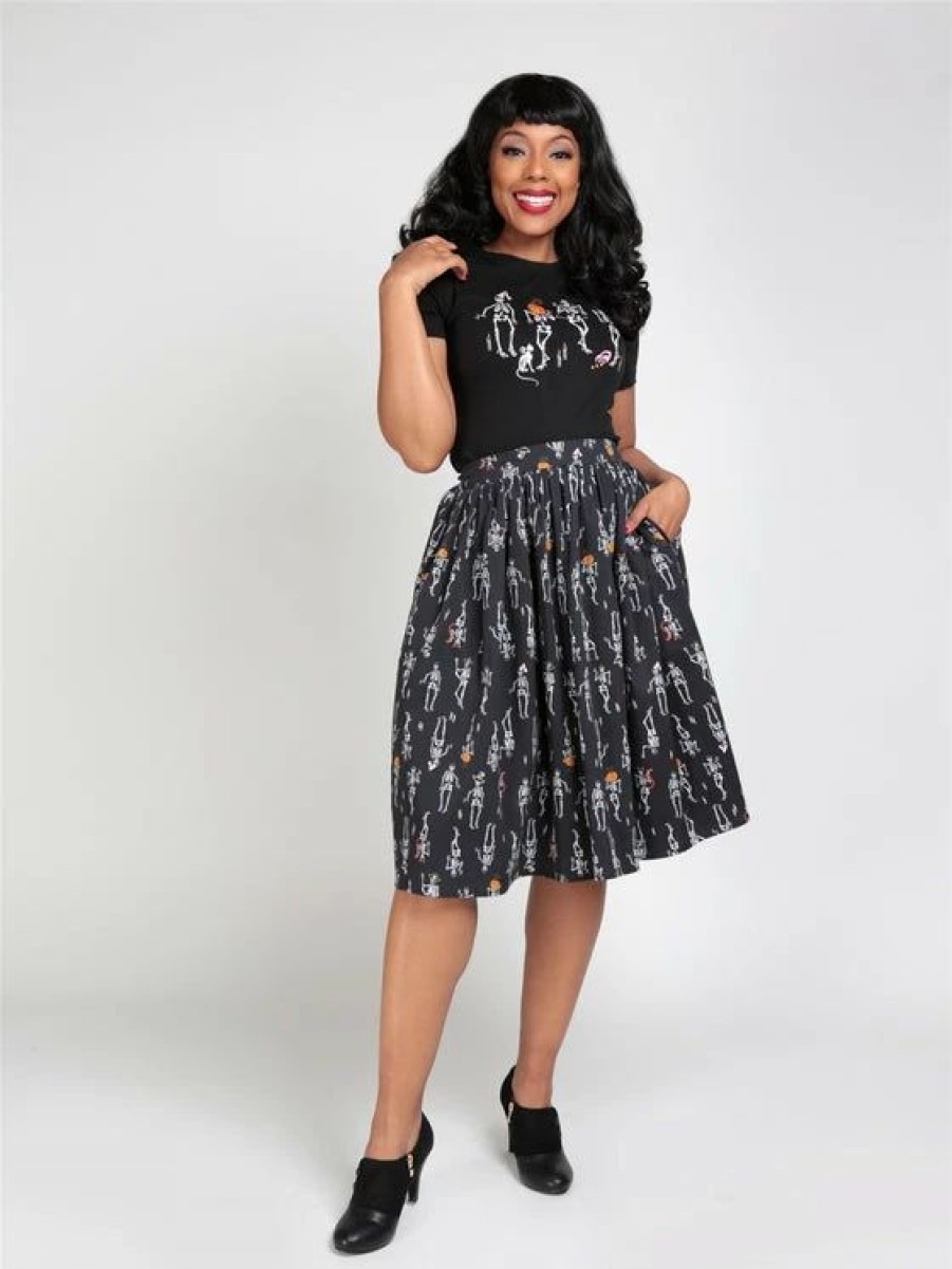 Dark Alternative | * Collectif Jasmine Swing Skirt In Skeleton Boo-Gie Halloween Party Time