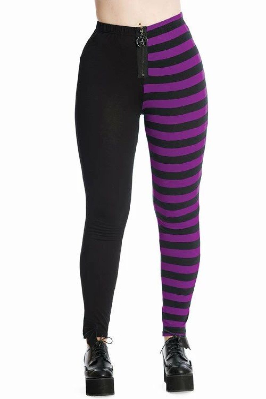 Dark Alternative | * Banned Half Black Half Stripe Leggings In Black & Purple