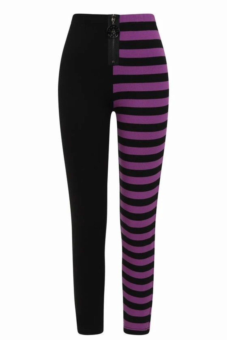 Dark Alternative | * Banned Half Black Half Stripe Leggings In Black & Purple