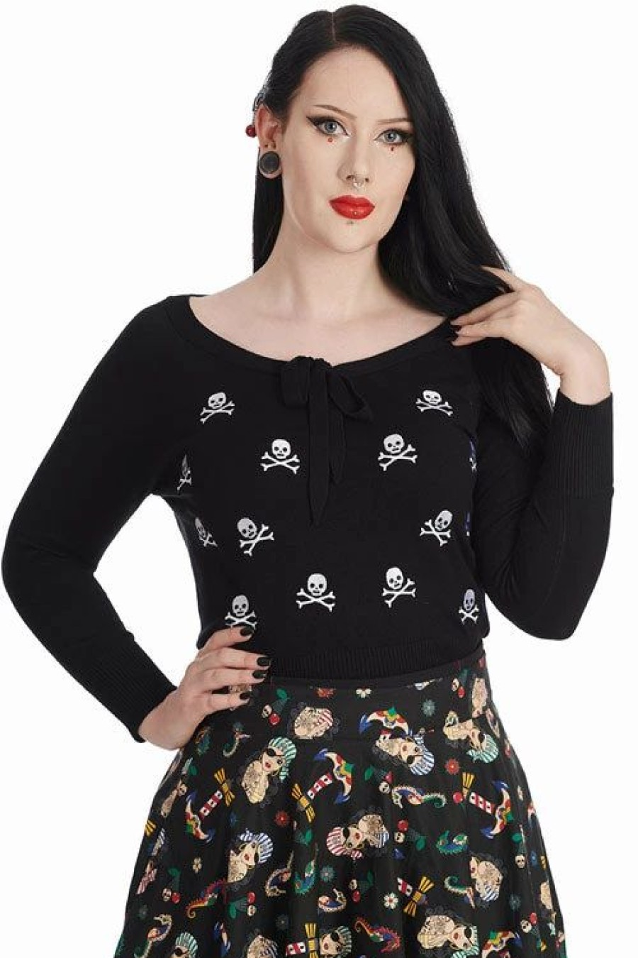 Dark Alternative | * Banned Anchor Pin Up Jumper In Black Pirate Skulls Back Embroidery