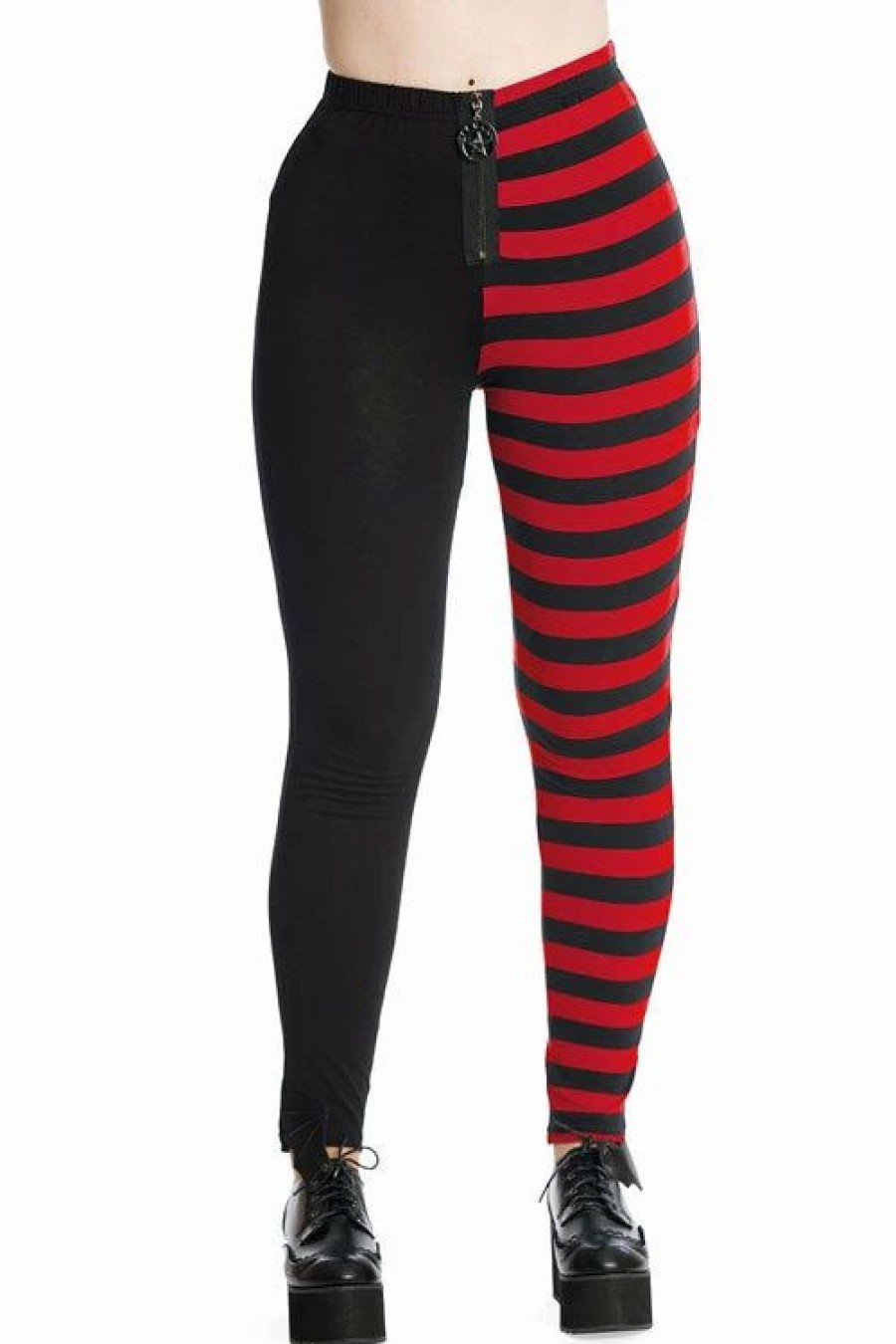 Dark Alternative | * Banned Half Black Half Stripe Leggings In Black & Red