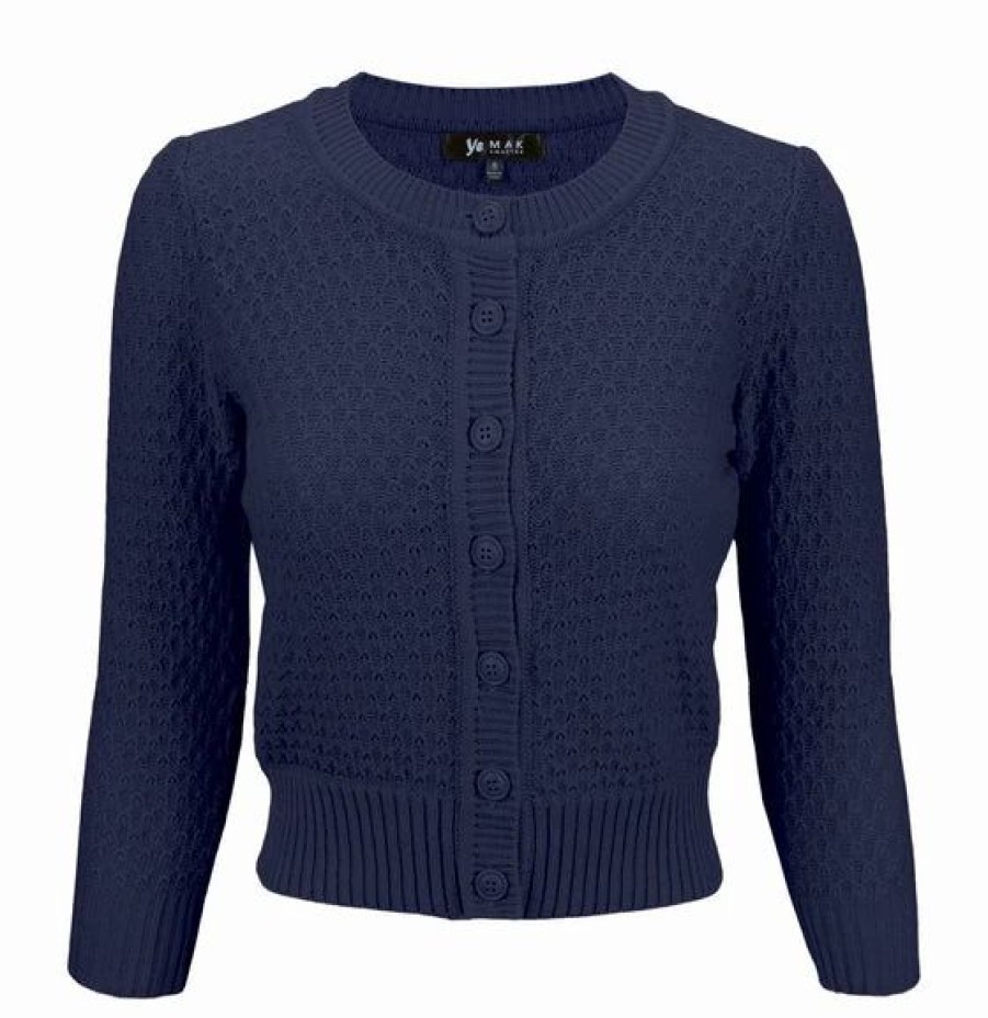 Cardigans | * Mak Sweaters Chunky Vintage Knit Cardigan With 3/4 Sleeves In Navy