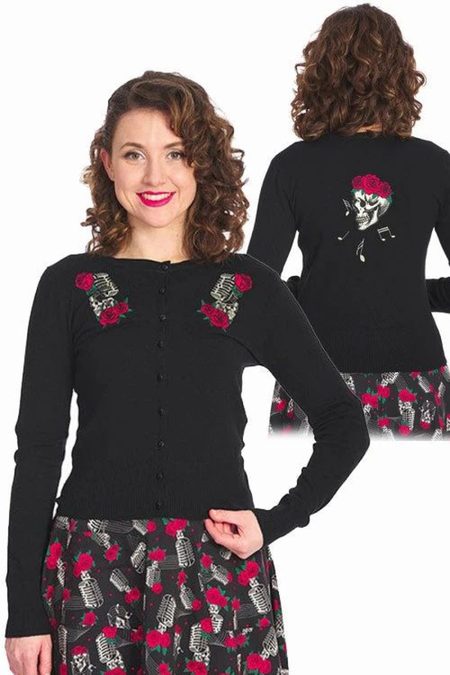 Dark Alternative | * Banned Nashville Singing Rose Vintage Inspired Embroidered Cardigan In Black With Microphone Detailing