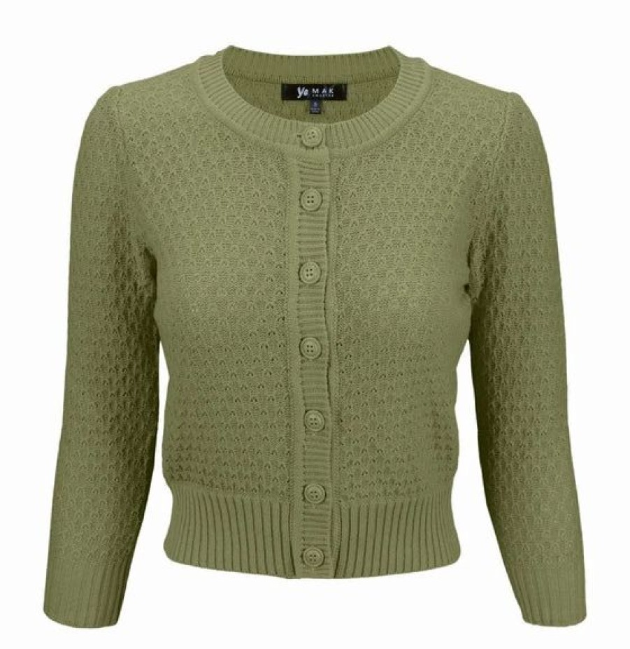 Cardigans | * Mak Sweaters Chunky Vintage Knit Cardigan With 3/4 Sleeves In Olive