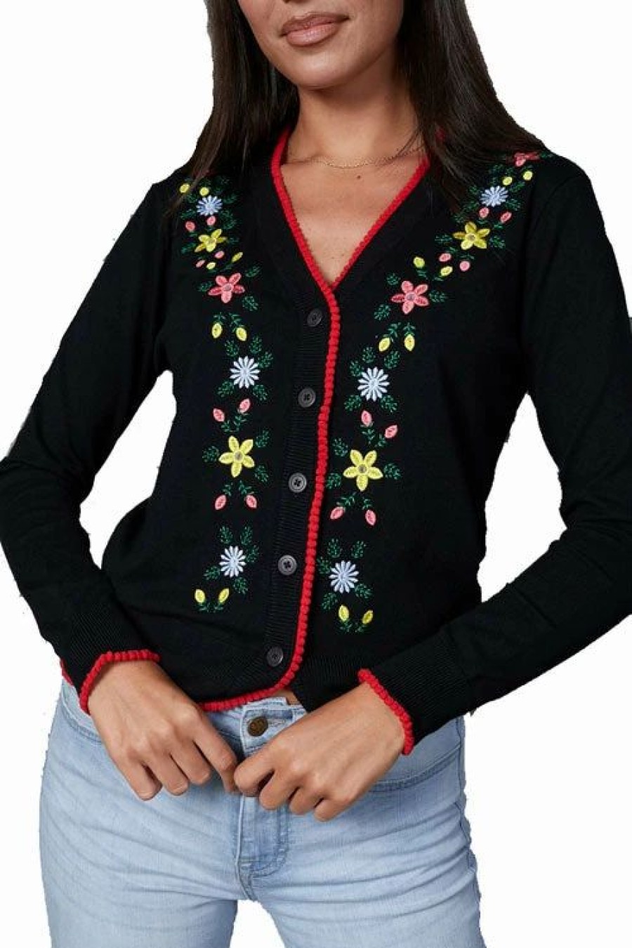 Cardigans | * Timeless London Floral Embroidered Cardigan In Black With Red Trim