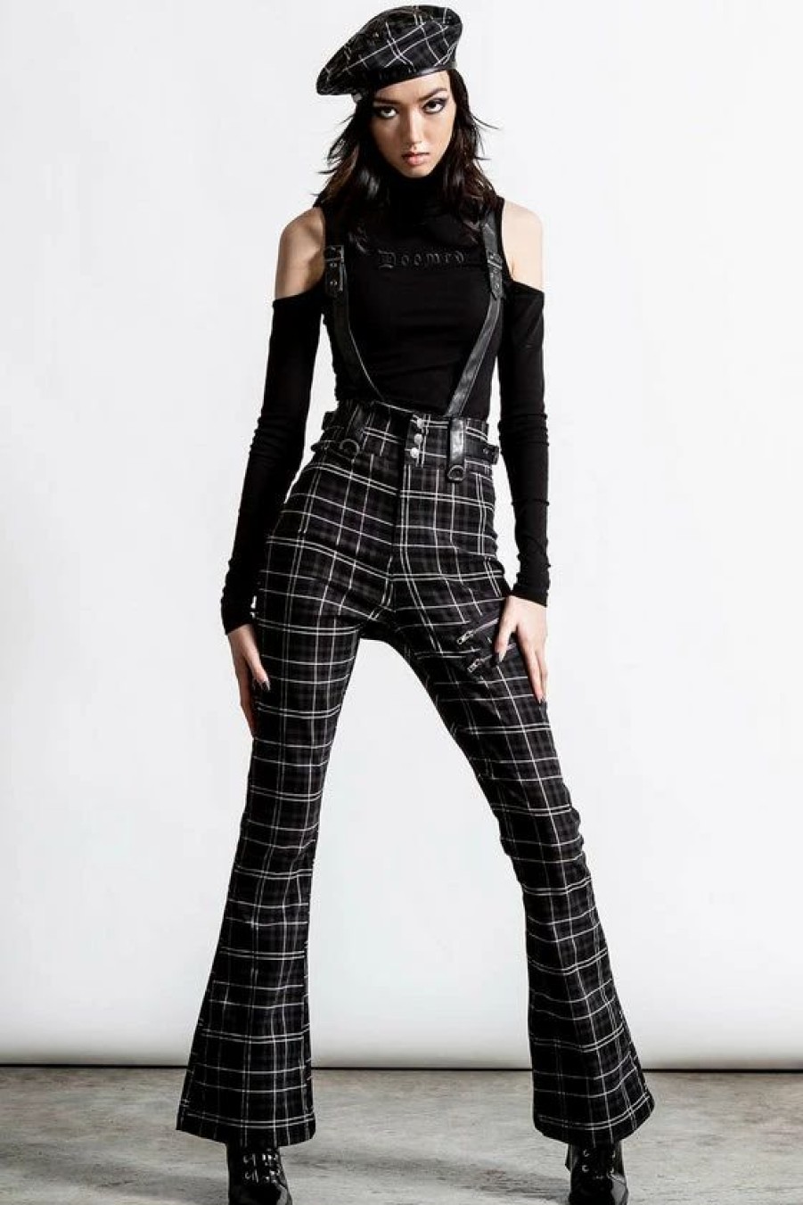 Dark Alternative | * Killstar Prophet Of Doom Flared Suspender Trousers In Ash Tartan