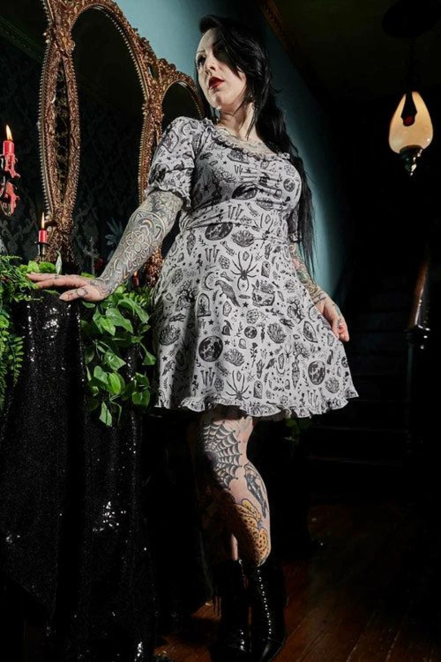 Dark Alternative | * Sourpuss Betsy Dress In Night Walker Print Grey