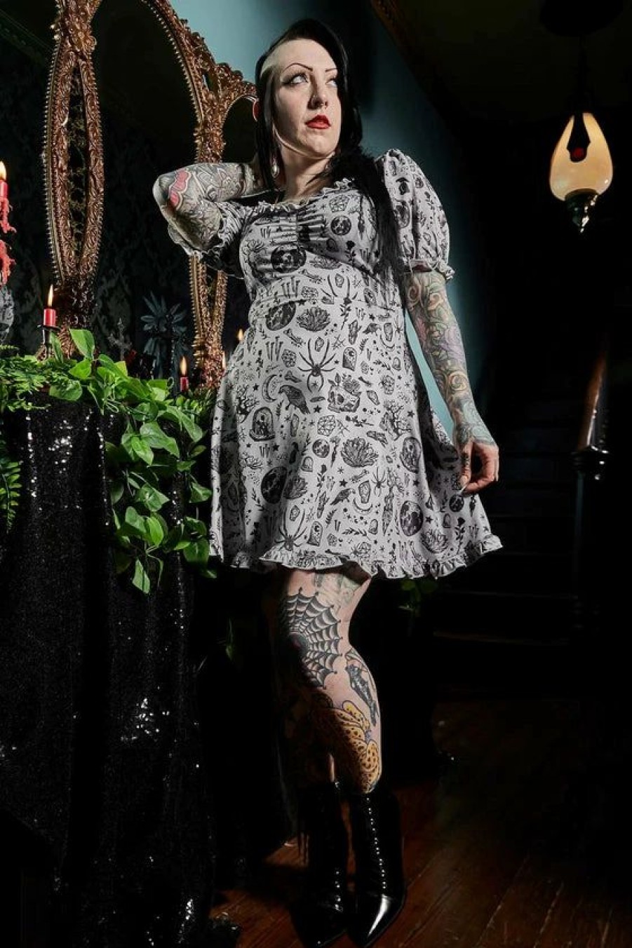 Dark Alternative | * Sourpuss Betsy Dress In Night Walker Print Grey