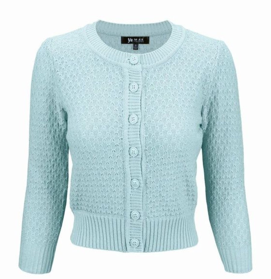 Cardigans | * Mak Sweaters Chunky Vintage Knit Cardigan With 3/4 Sleeves In Light Blue