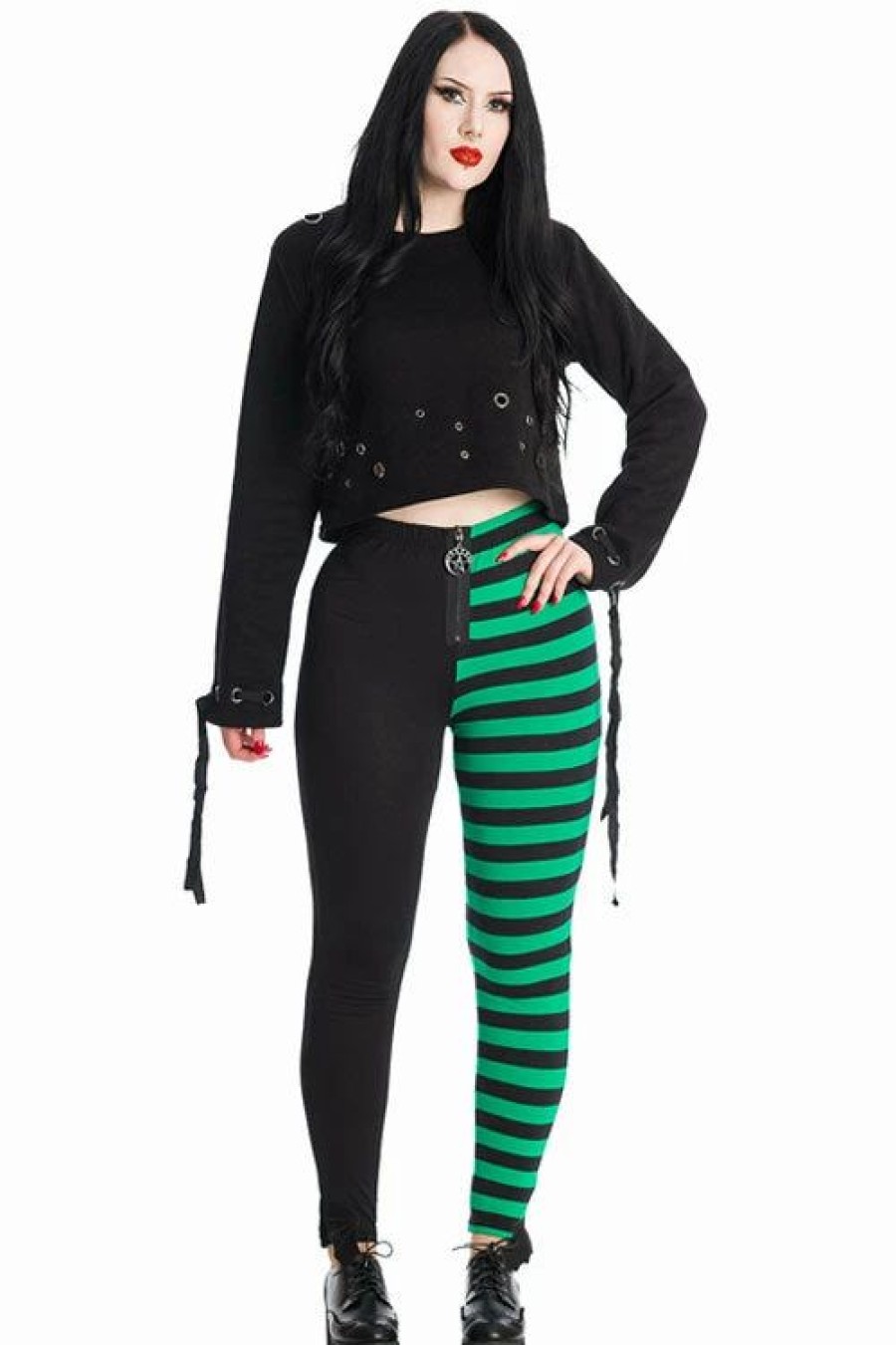 Dark Alternative | * Banned Half Black Half Stripe Leggings In Black & Green