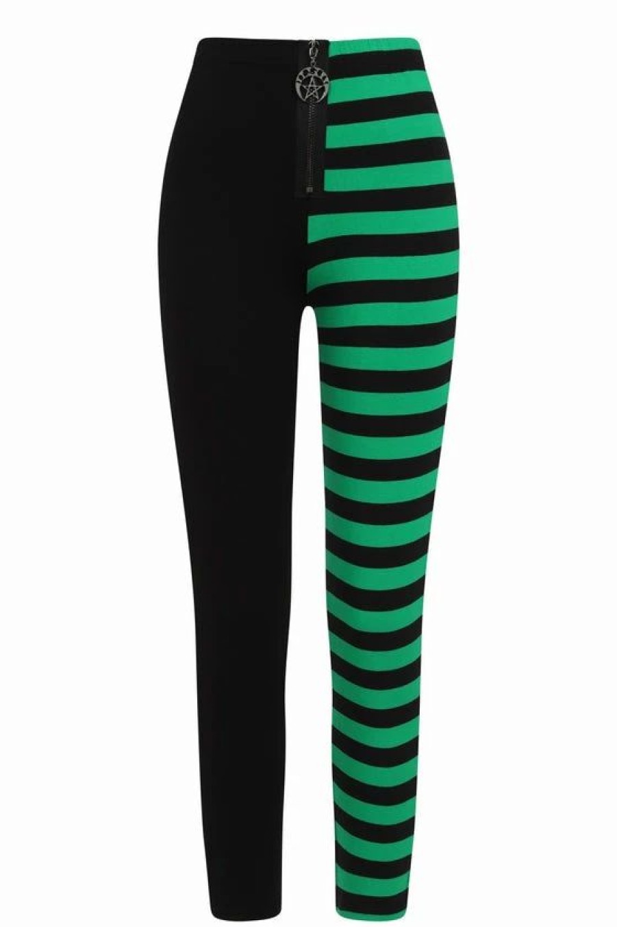 Dark Alternative | * Banned Half Black Half Stripe Leggings In Black & Green