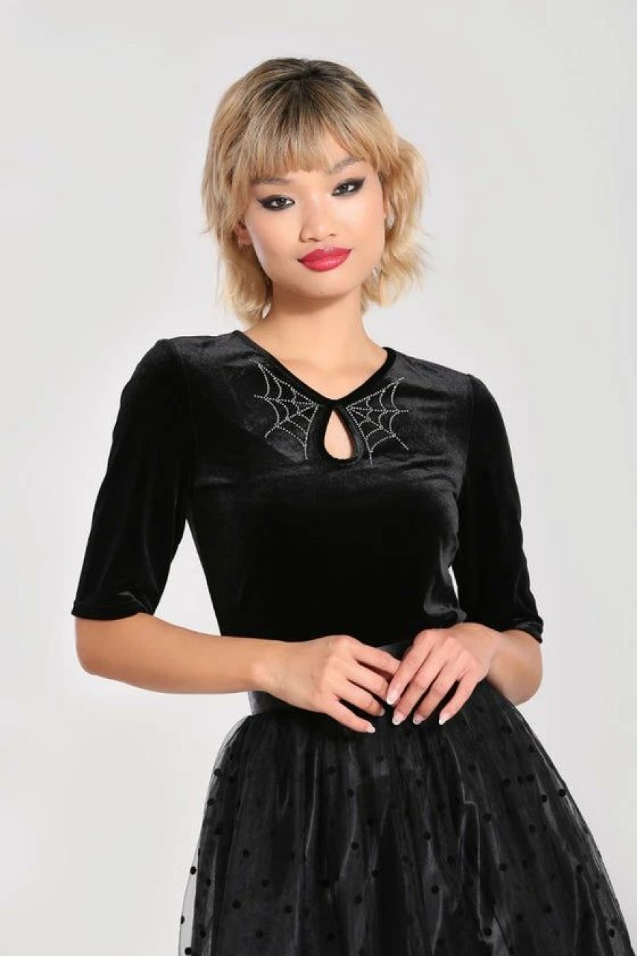 Dark Alternative | * Hell Bunny Morticia Top In Black Velvet With Rhinestones