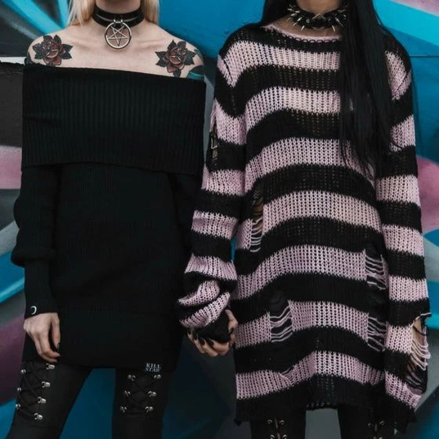 Dark Alternative | * Killstar Courtney Punk Knit Sweater Black And Pink