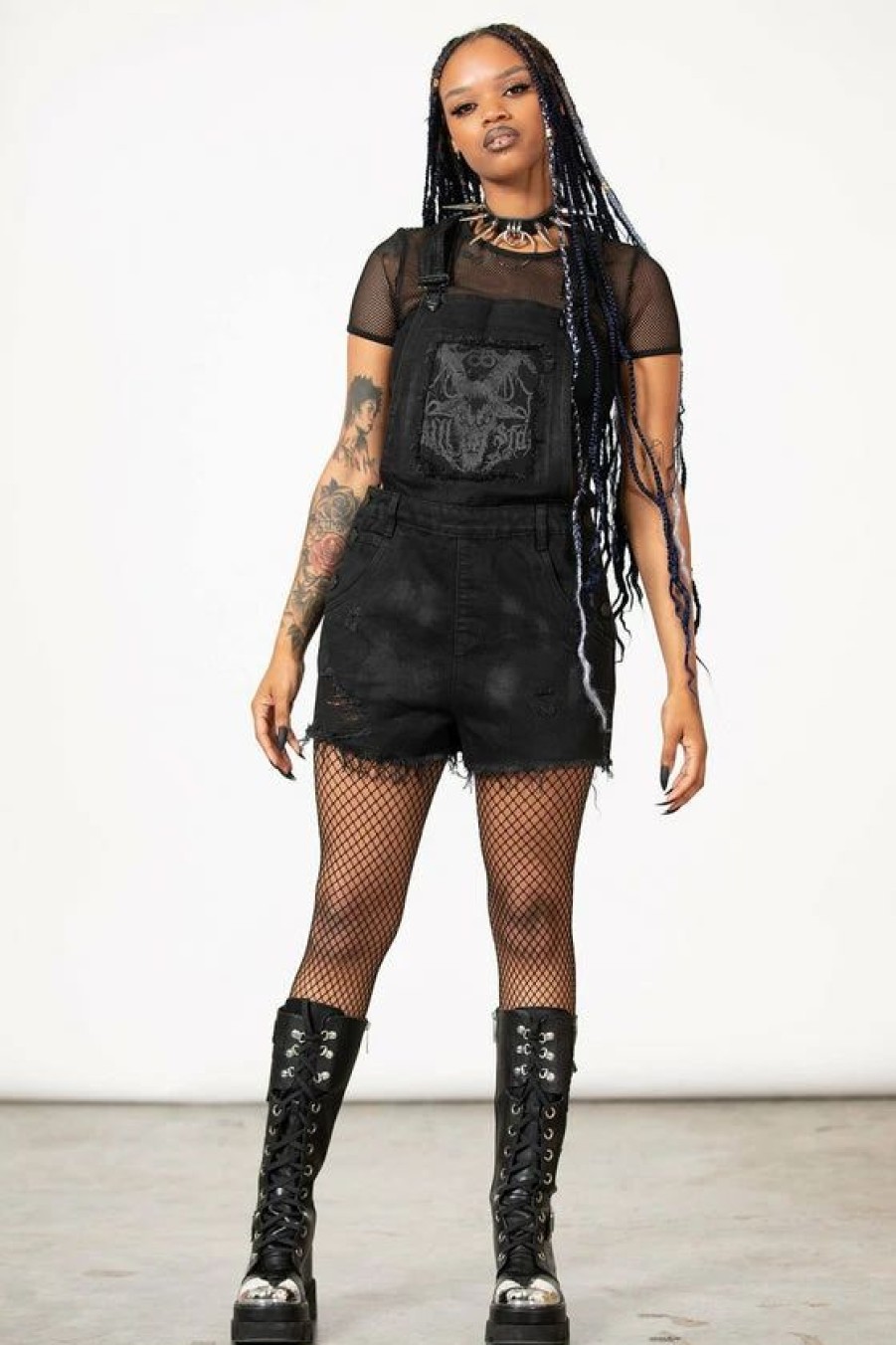 Dark Alternative | * Killstar Foreteller Patch Denim Overalls With Distressed Detailing Festival Ready