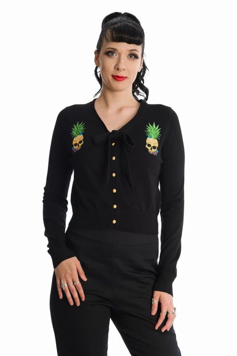 Dark Alternative | * Banned Pineapple Skull Cardigan With Tie Neck