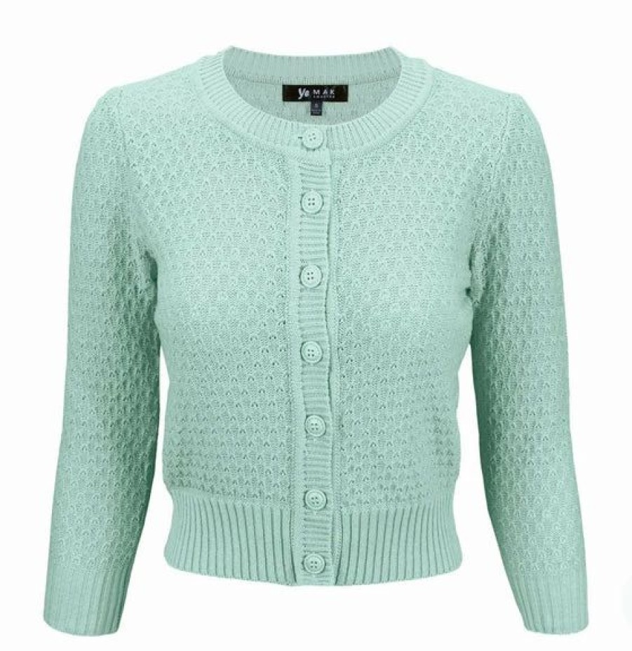 Cardigans | * Mak Sweaters Chunky Vintage Knit Cardigan With 3/4 Sleeves In Aqua (Mint)