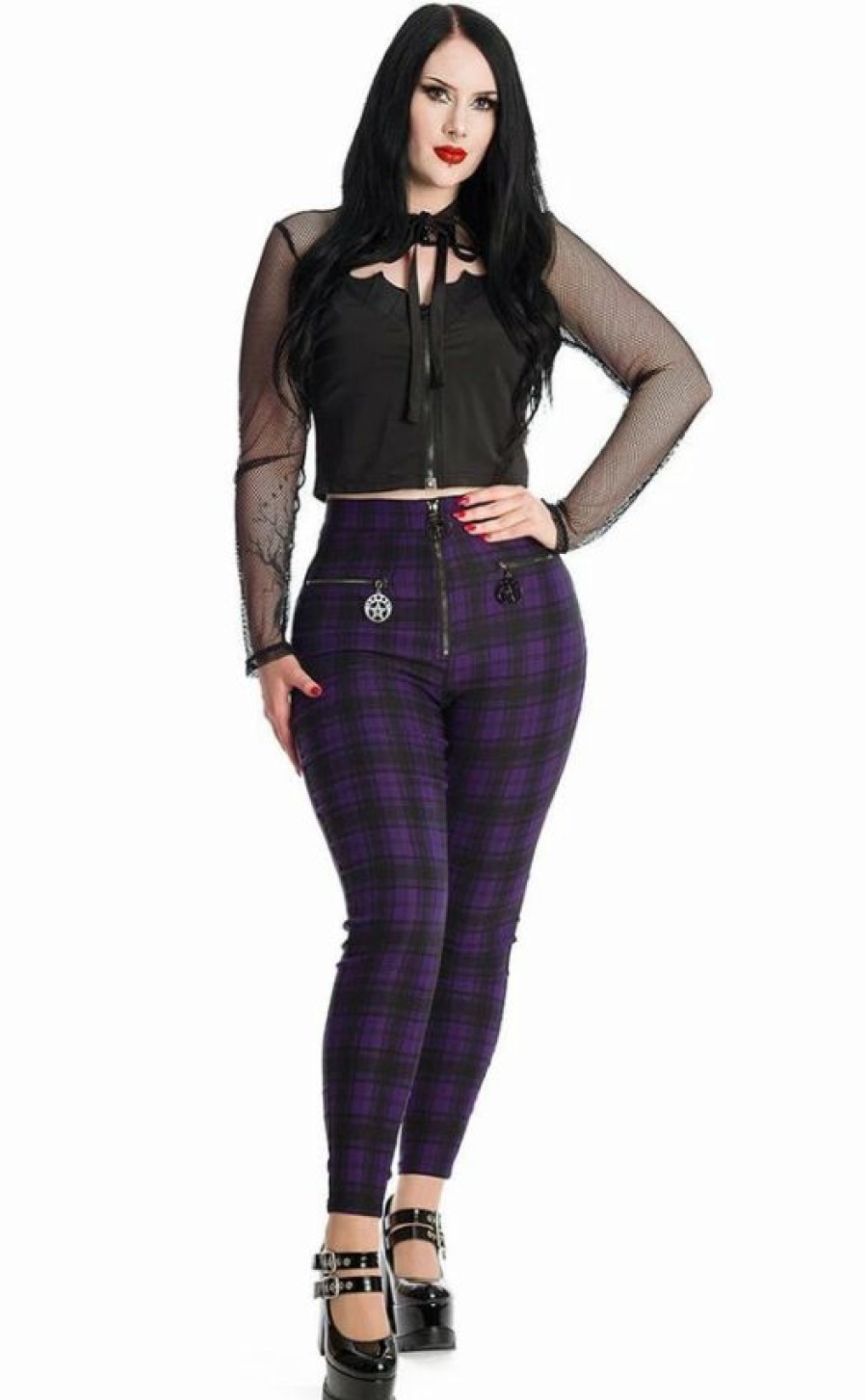 Dark Alternative | * Banned Damien Stretch Skinny Trousers In Purple Tartan