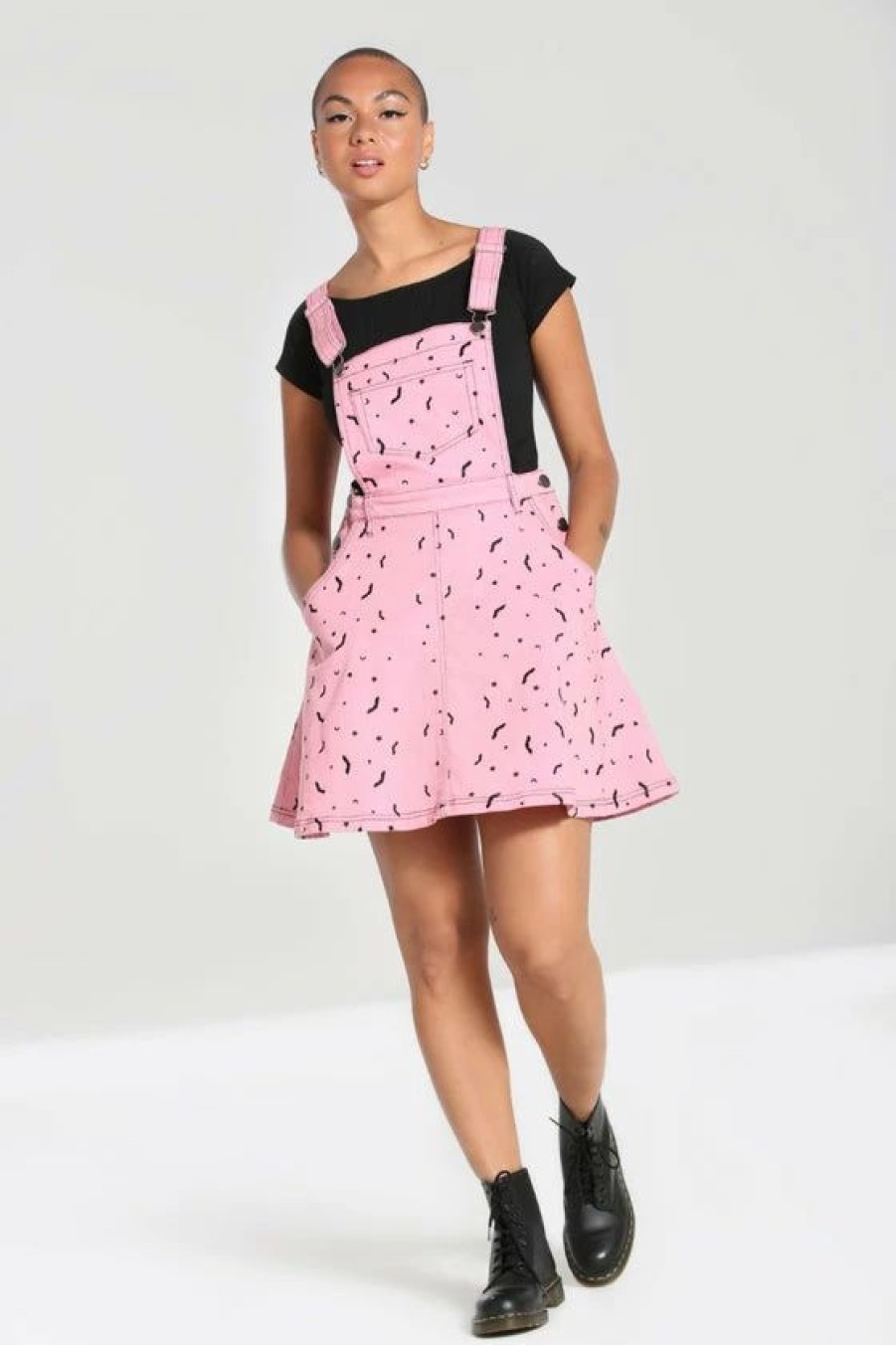 Dark Alternative | * Hell Bunny Bat Pinafore Dress In Pink Embroidered Pattern