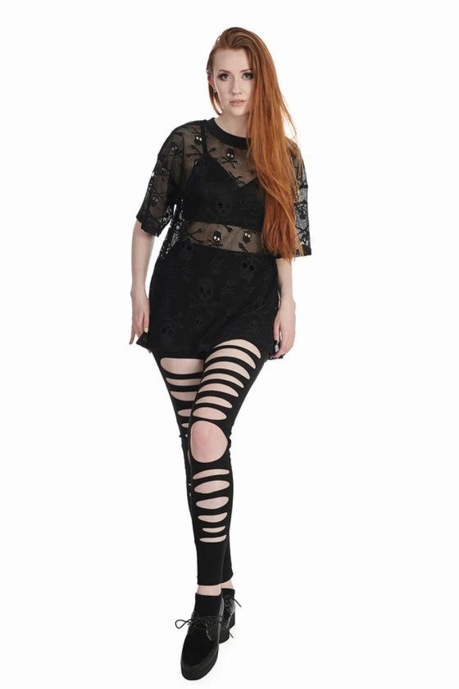 Dark Alternative | * Banned Skull Queen Mesh Long Oversized Top Goth