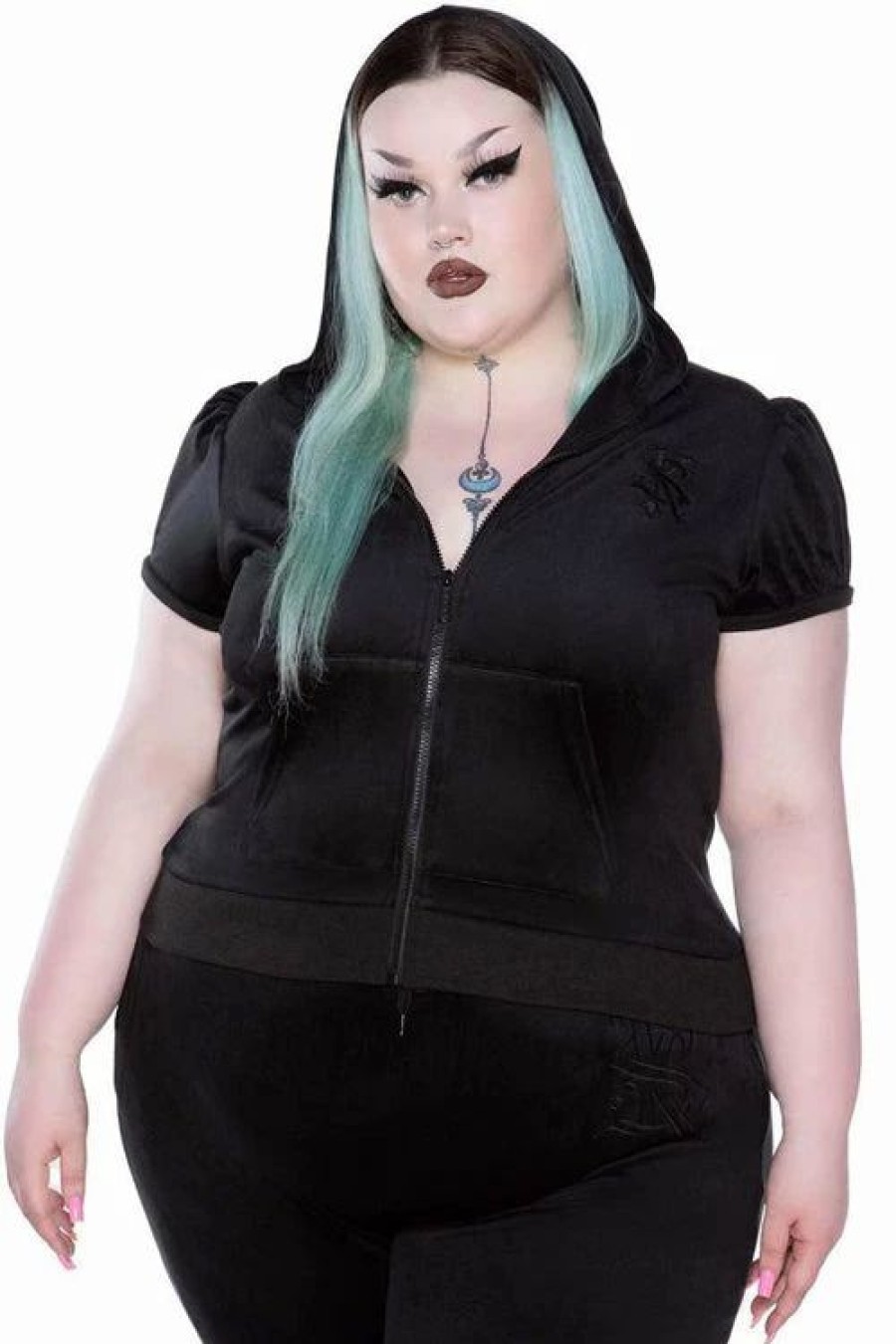 Dark Alternative | * Killstar Dee-Lux Velvet Zip Front Short Sleeve Hoodie In Black