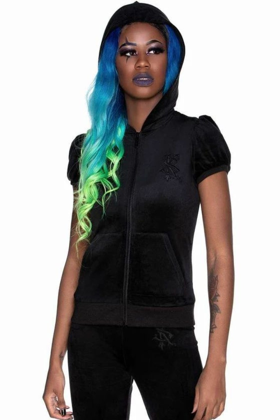 Dark Alternative | * Killstar Dee-Lux Velvet Zip Front Short Sleeve Hoodie In Black