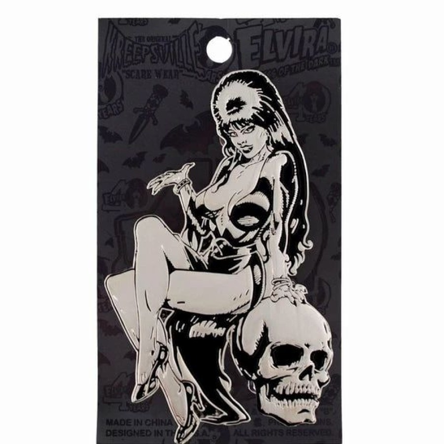 Dark Alternative | * Kreepsville 666 Elvira Silver Comic Skull Extra Large Enamel Pin