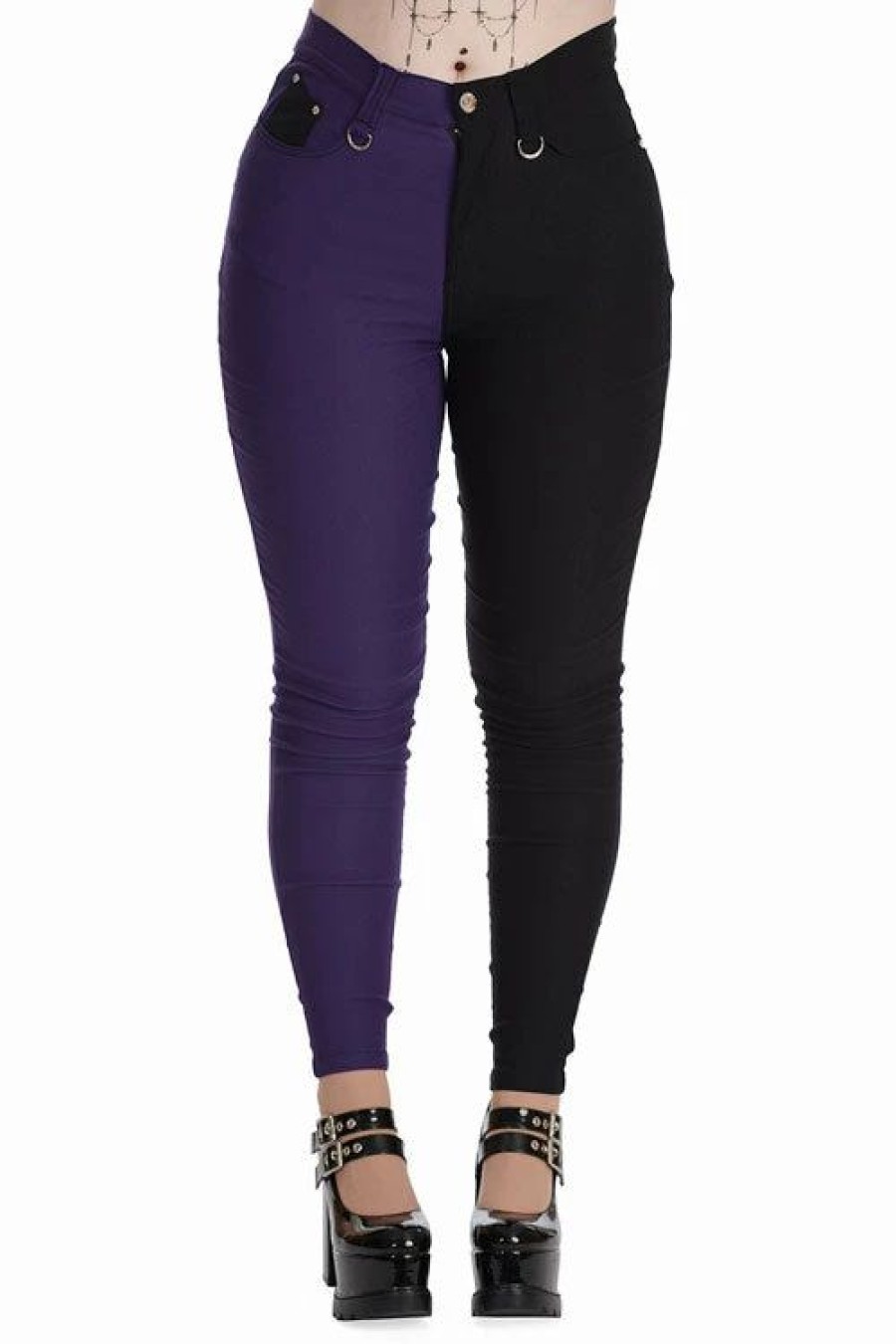 Dark Alternative | * Banned Bailey Half And Half Stretch Skinny Trousers In Purple And Black