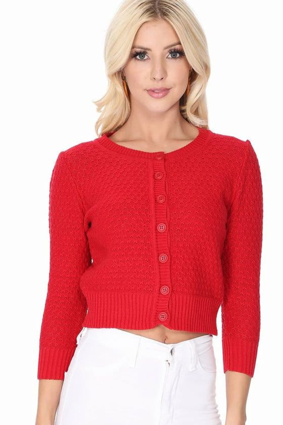 Cardigans | * Mak Sweaters Chunky Vintage Knit Cardigan With 3/4 Sleeves In Red